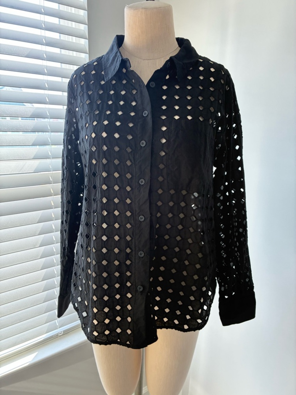 Evereve Women's Black Eyelet Button Down Long Sleeve Blouse